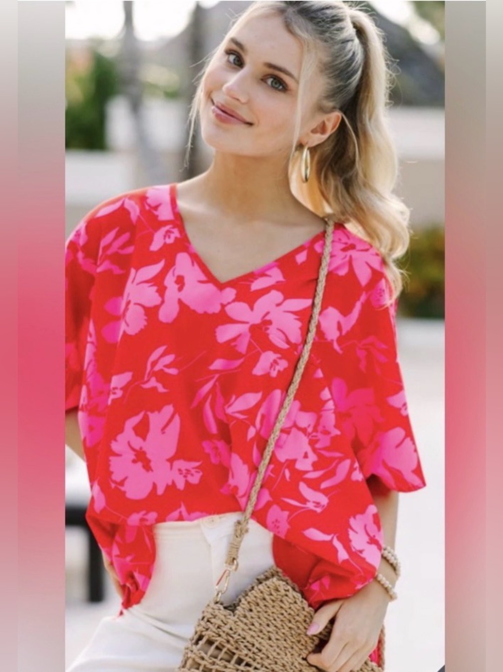 Mint Julep Boutique Fuchsia & Pink Floral Short Sleeve Blouse Oversized S New